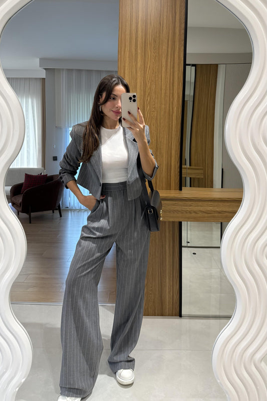 Medusa Gri Çizgili Blazer Pantolon Takım
