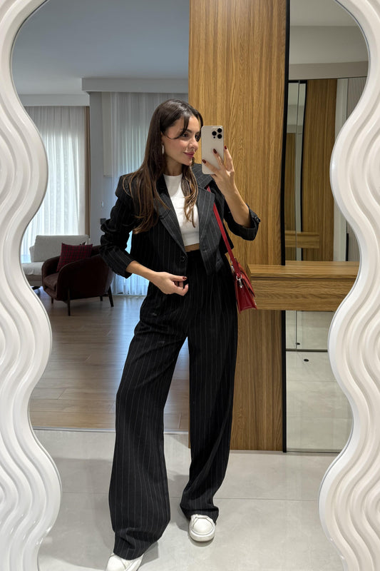 Medusa Siyah Çizgili Blazer Pantolon Takım