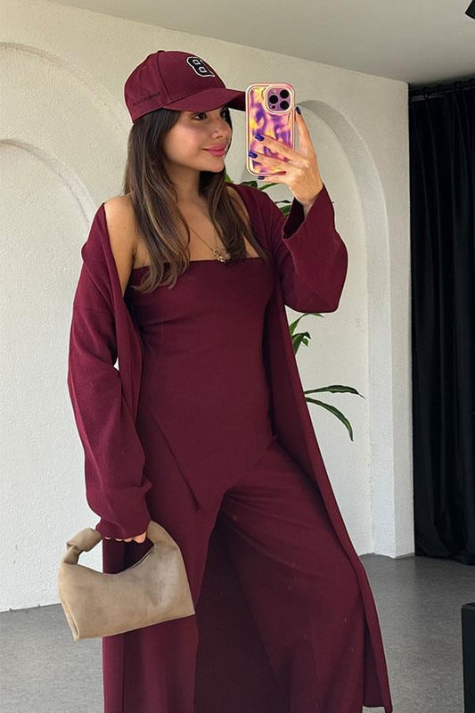 Megan Üçlü Bordo Triko Takım