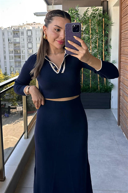 Meghan Fitilli Polo Yaka Etekli Takım - Lacivert