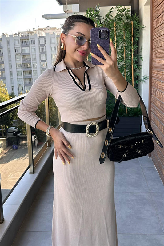 Meghan Fitilli Polo Yaka Etekli Takım - Krem