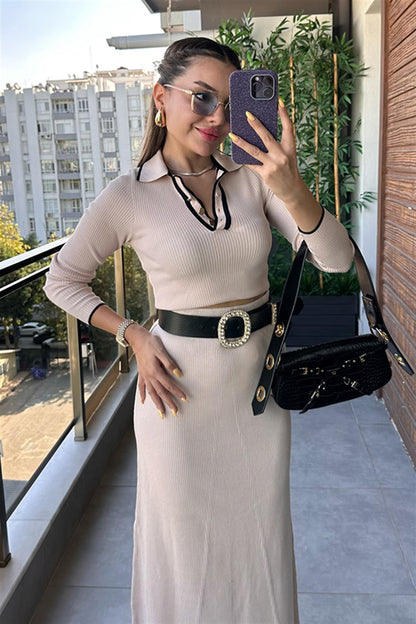 Meghan Fitilli Polo Yaka Etekli Takım - Krem