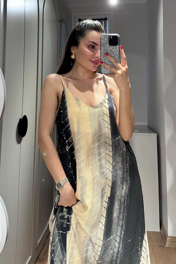 Megy İnce Askılı Çizgi Detaylı Elbise