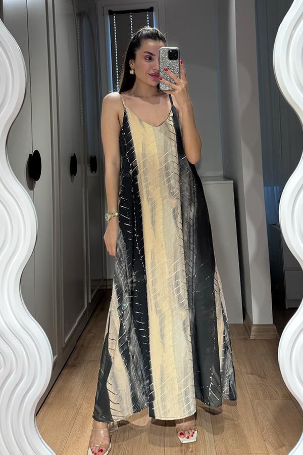 Megy İnce Askılı Çizgi Detaylı Elbise