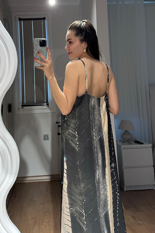 Megy İnce Askılı Çizgi Detaylı Elbise