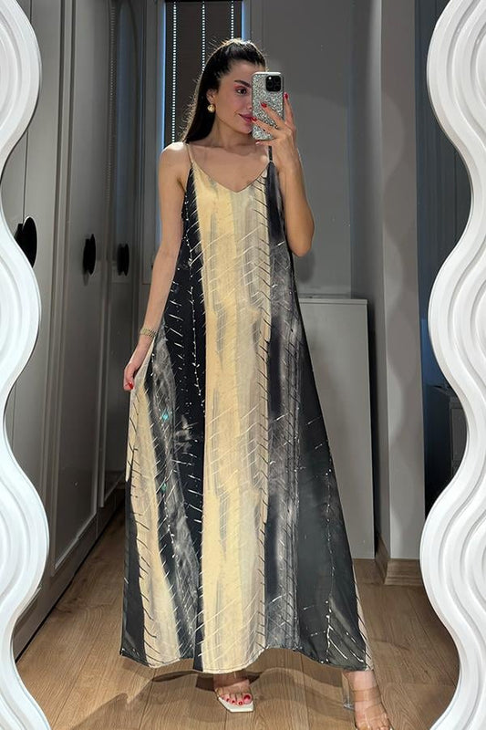 Megy İnce Askılı Çizgi Detaylı Elbise