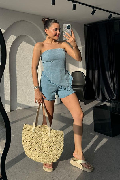 Mejuri Yıkamalı Crop Şort Takım - Mavi