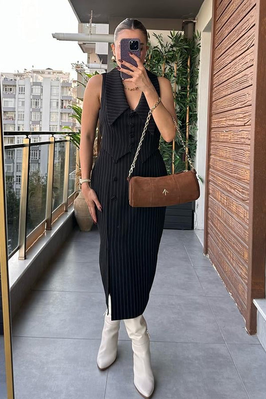 Melia Old Money Çizgili Takım - Siyah