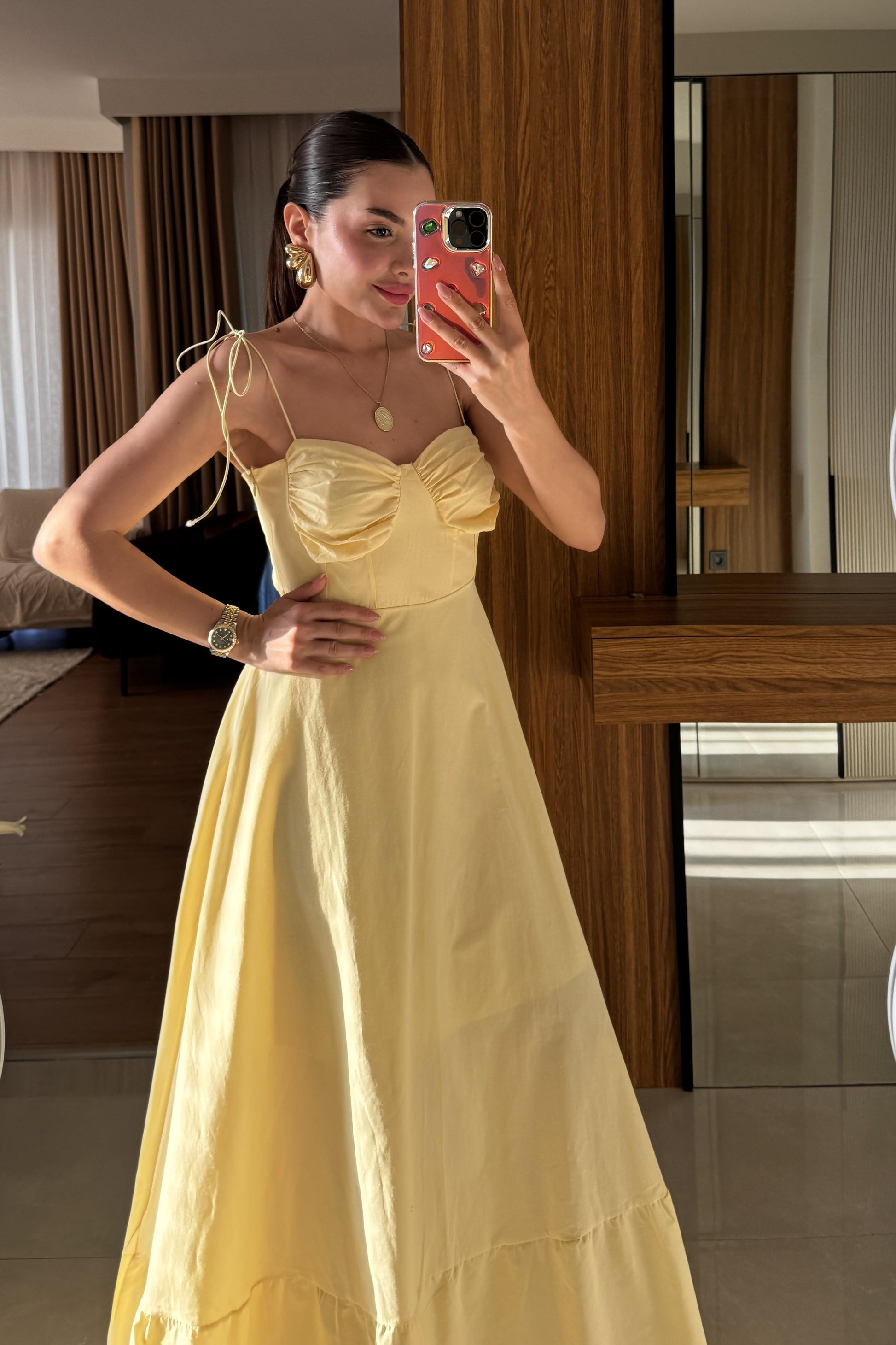 Melina İp Askı Sarı Elbise