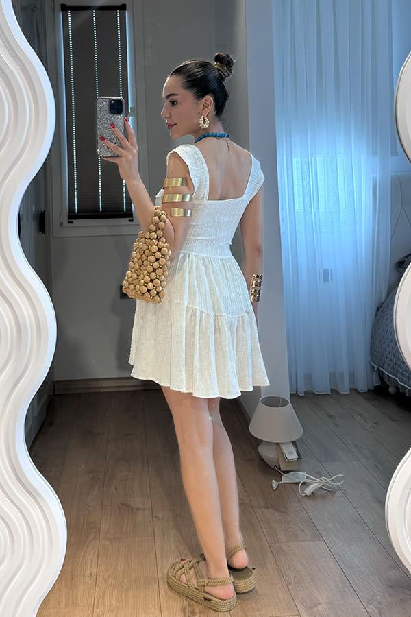 Melirose keten şortlu elbise-Beyaz