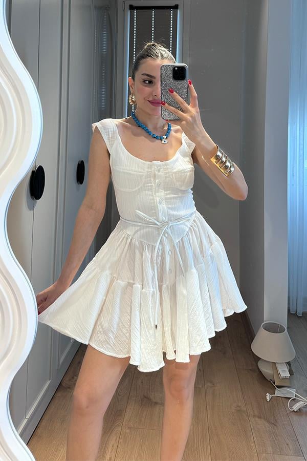 Melirose keten şortlu elbise-Beyaz