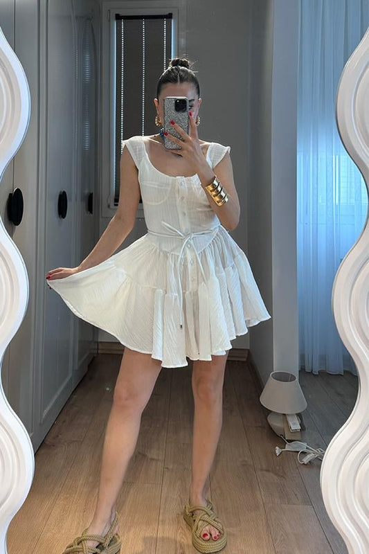 Melirose keten şortlu elbise-Beyaz