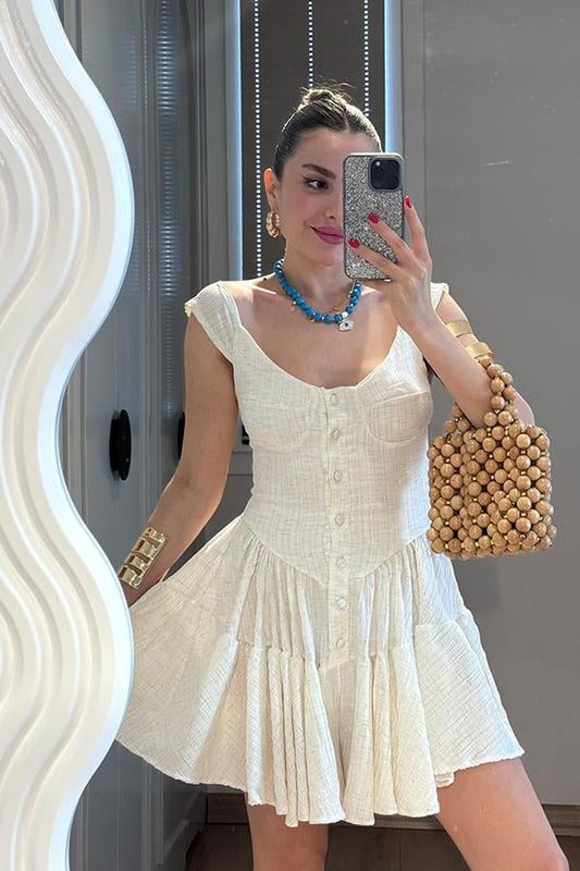 Melirose keten şortlu elbise-Krem