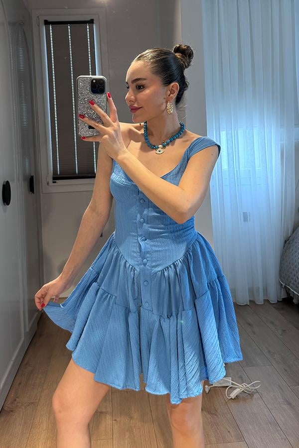 Melirose keten şortlu elbise-Mavi