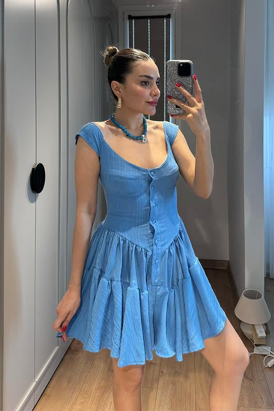 Melirose keten şortlu elbise-Mavi