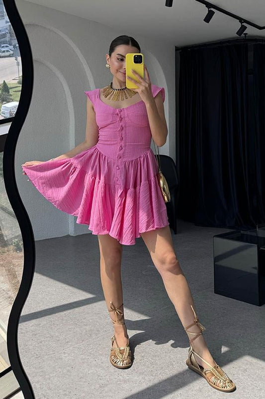 Melirose keten şortlu elbise-Pembe