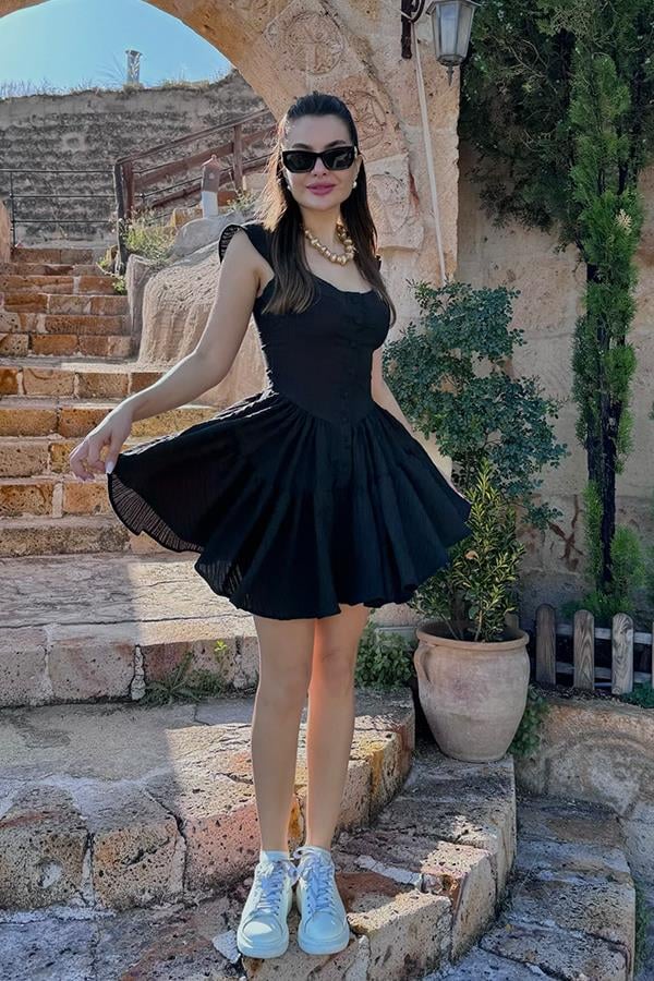 Melirose keten şortlu elbise-Siyah