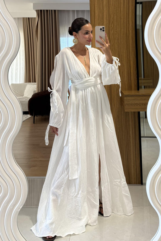 Melody Beyaz Belden Kuşaklı Müslin Elbise