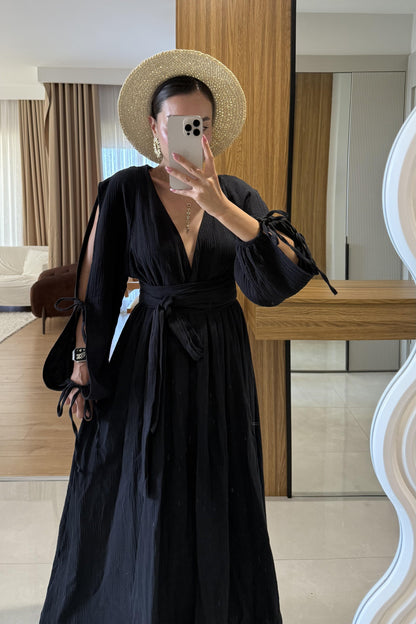 Melody Siyah Belden Kuşaklı Müslin Elbise