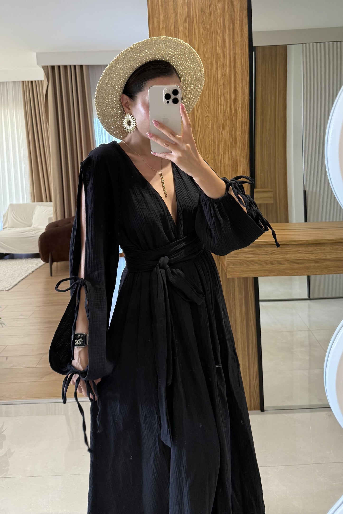 Melody Siyah Belden Kuşaklı Müslin Elbise