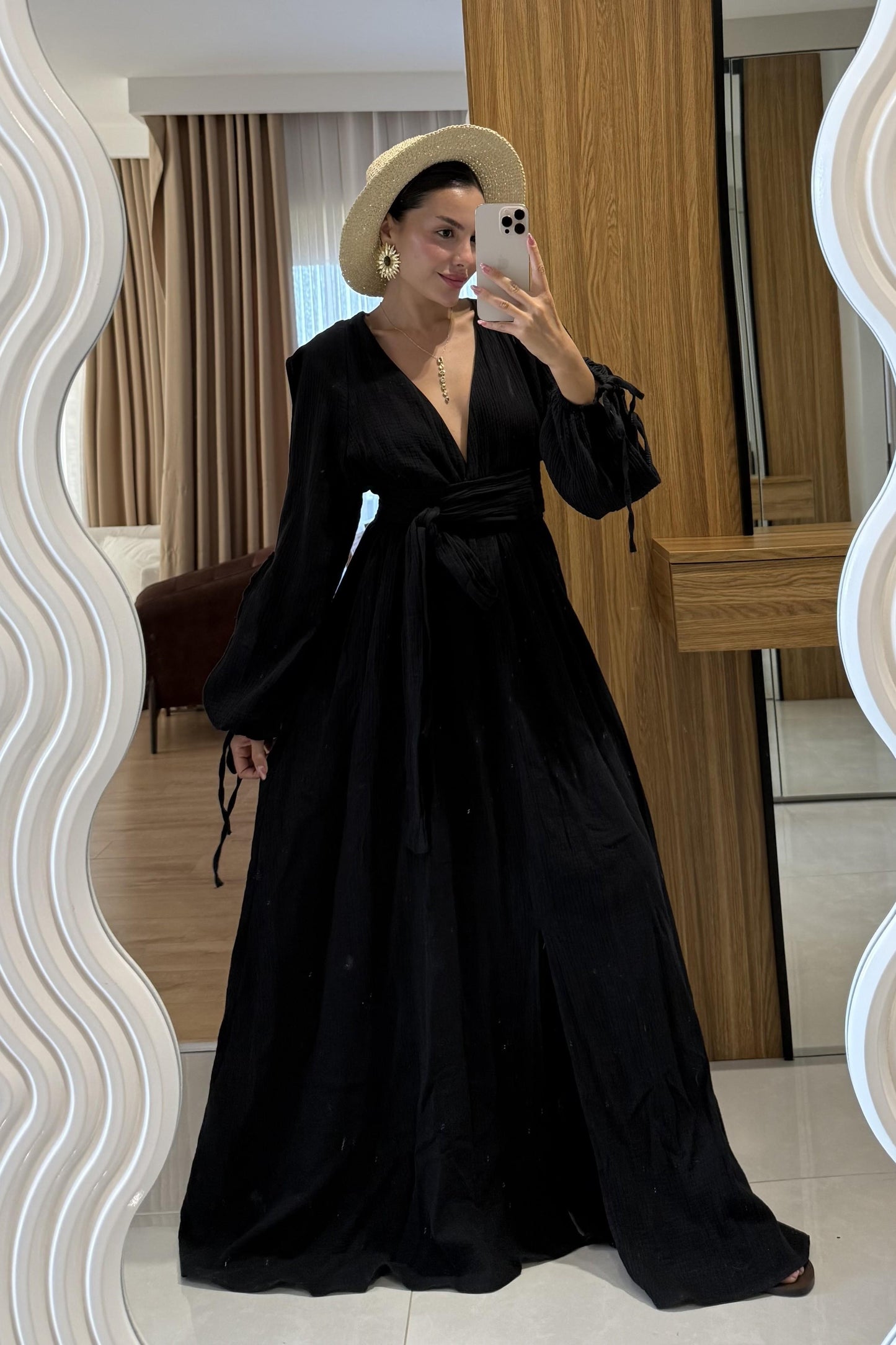 Melody Siyah Belden Kuşaklı Müslin Elbise