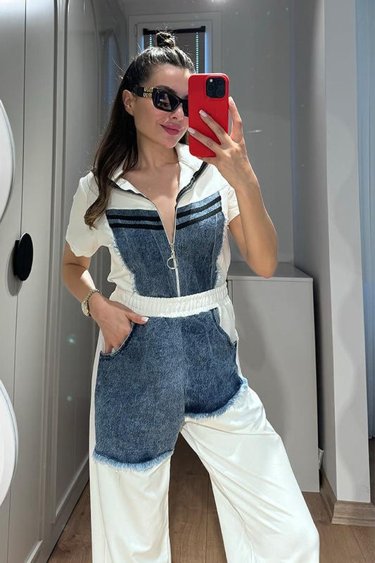 Mensi Jean Detaylı Spor Takım - Beyaz