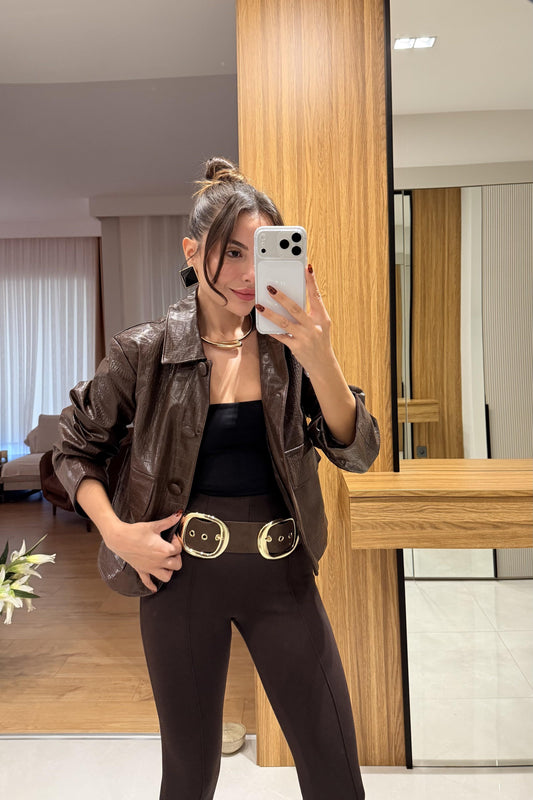 Meria Kahve Krokodil Dokulu Ceket