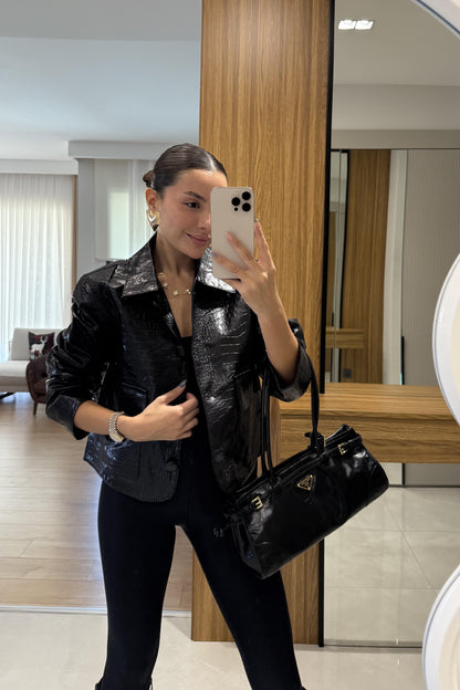 Meria Siyah Krokodil Dokulu Ceket