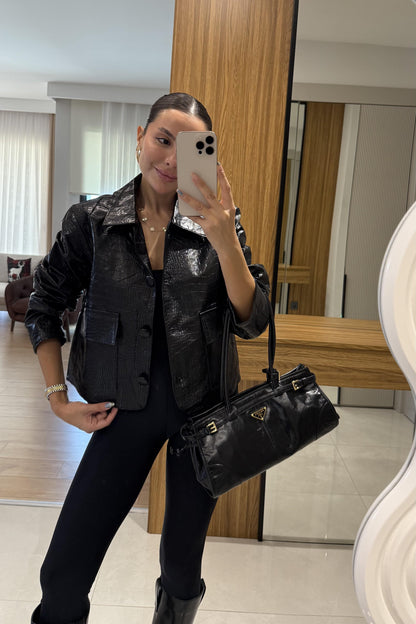 Meria Siyah Krokodil Dokulu Ceket