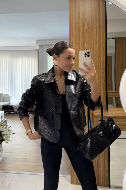 Meria Siyah Krokodil Dokulu Ceket