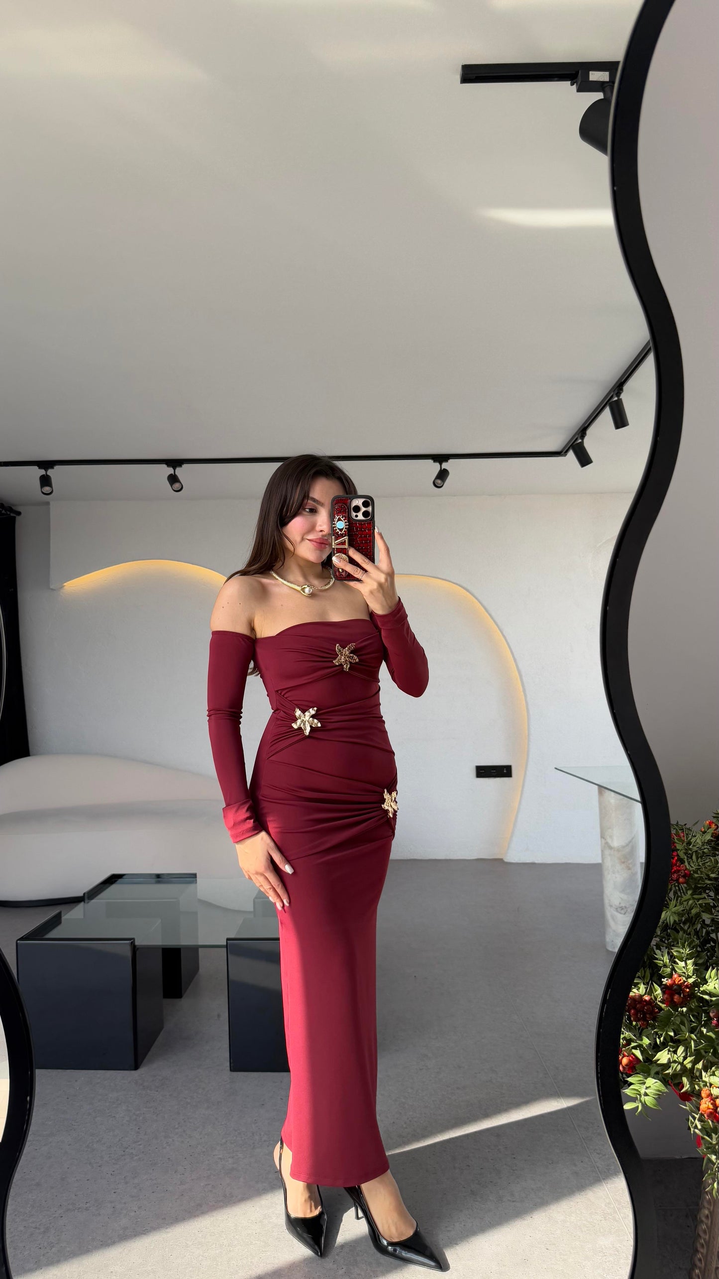 Mermaid Bordo Yıldız Aksesuarlı Tasarım Şık Elbise