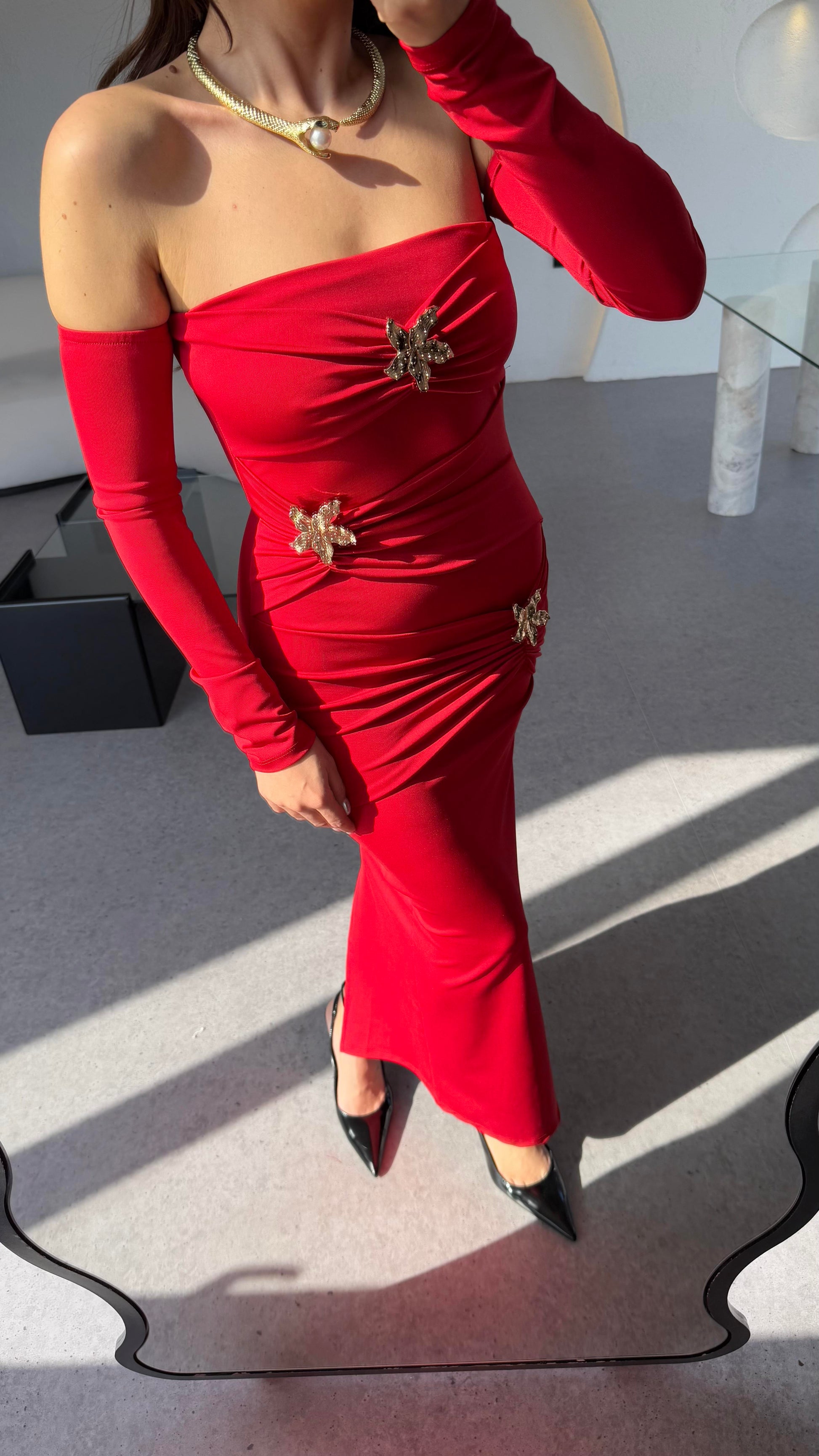 Mermaid Kırmızı Yıldız Aksesuarlı Tasarım Şık Elbise