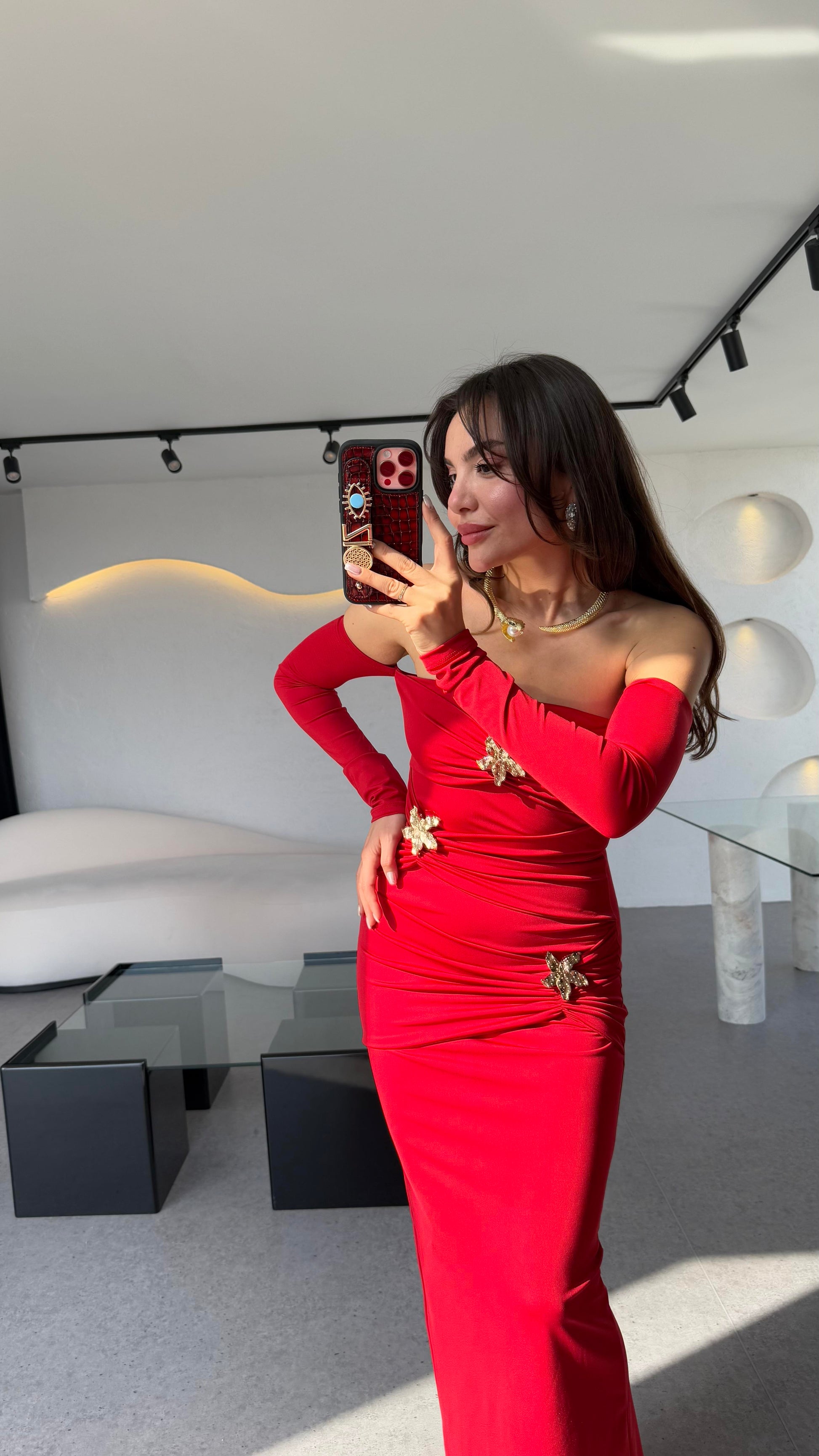 Mermaid Kırmızı Yıldız Aksesuarlı Tasarım Şık Elbise