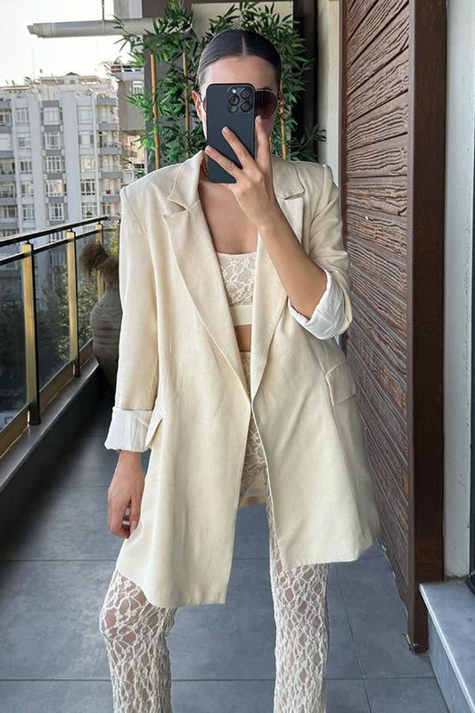 Merrit Dantel Kemer Detaylı Keten Blazer Ceket