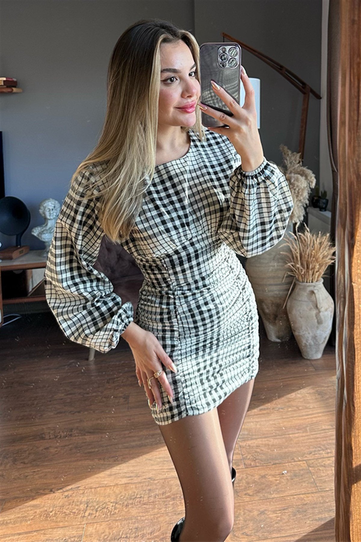 Mery ekose detaylı elbise