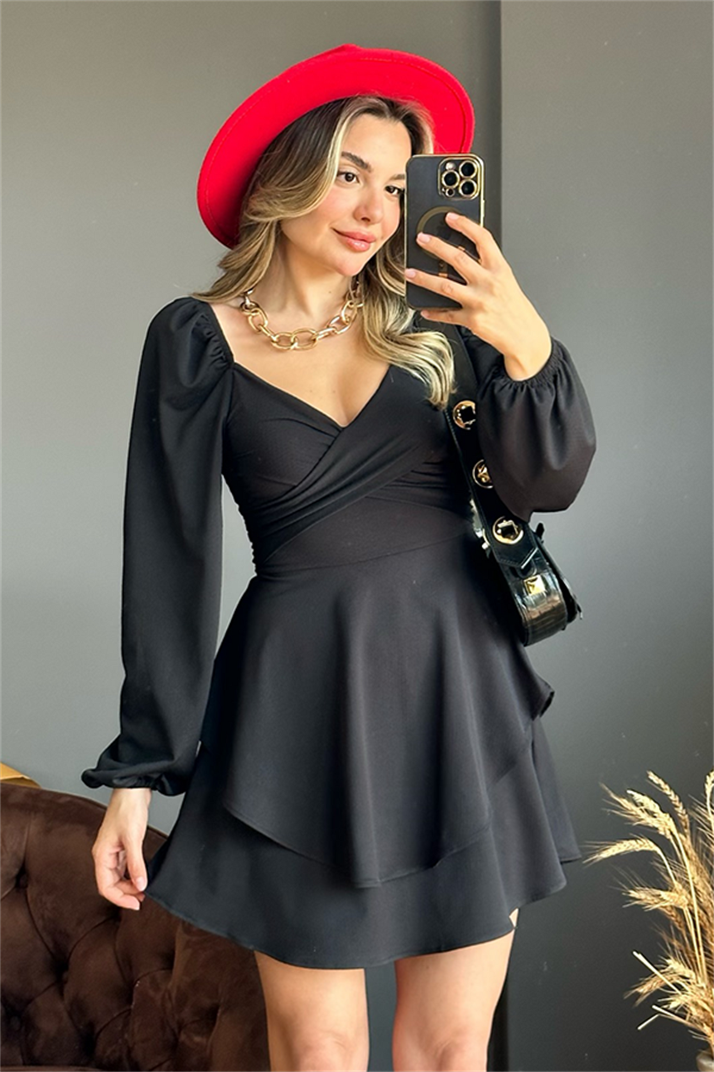 Messy balon kol kat kat elbise