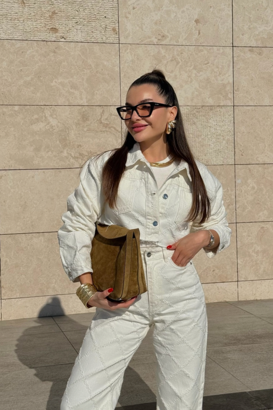 Mexico Dokulu Ekru Crop Ceket