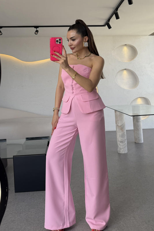 Michell Pembe Düğmeli Straplez Premium Takım
