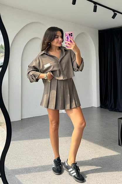 Mikela Şort Etek Gömlek Takım - Kahve
