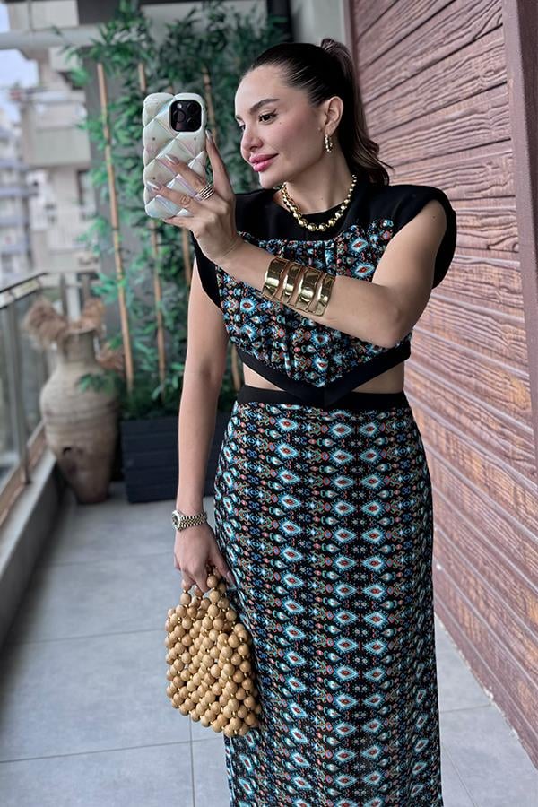 Miley Etnik Desen Vatkalı Elbise