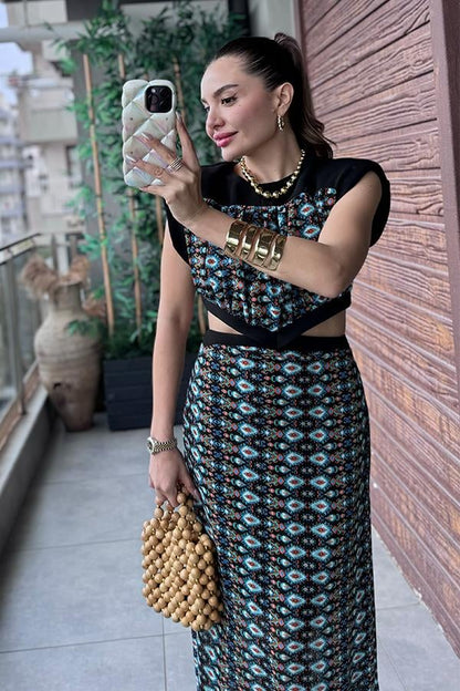 Miley Etnik Desen Vatkalı Elbise