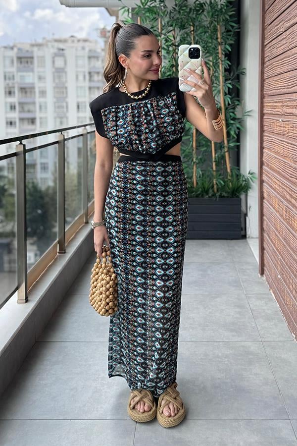 Miley Etnik Desen Vatkalı Elbise