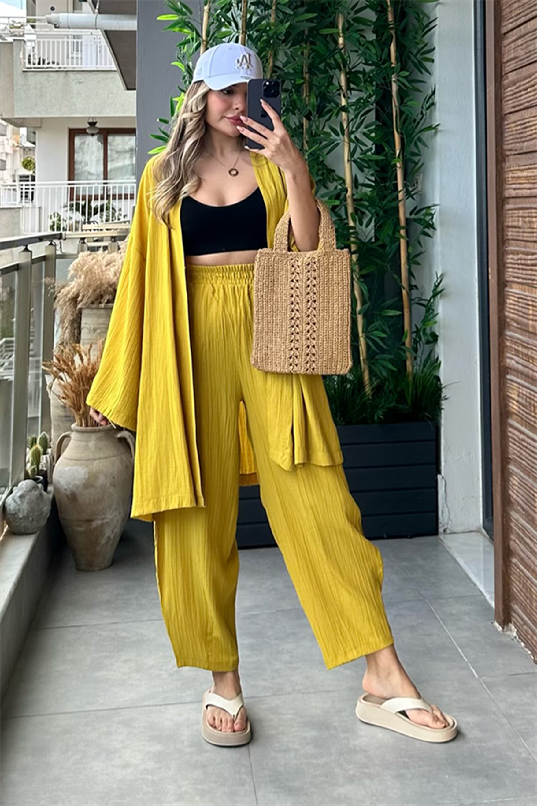 Havana kimonolu bohem takım - Hardal Sarı