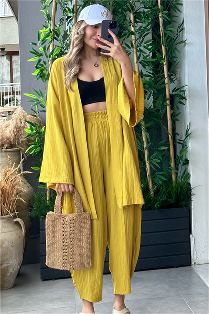 Havana kimonolu bohem takım - Hardal Sarı