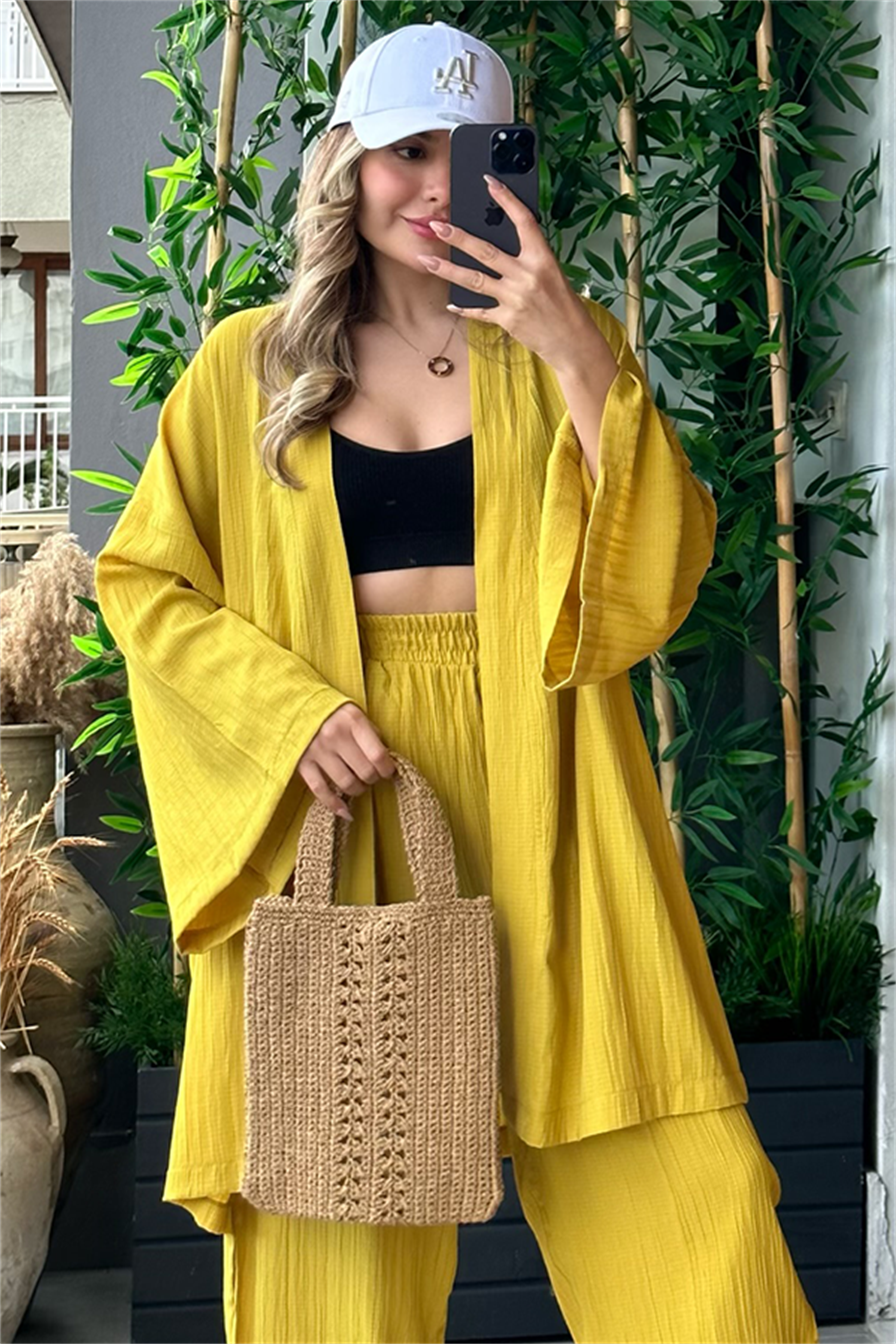 Havana kimonolu bohem takım - Hardal Sarı