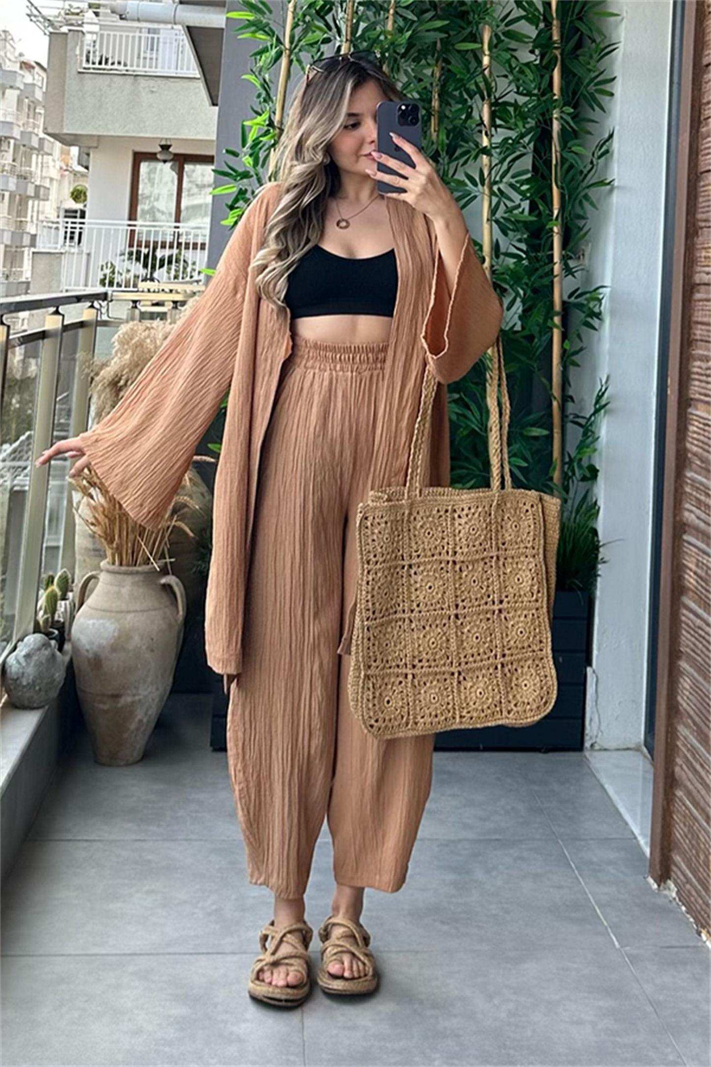 Havana kimonolu bohem takım - Karamel