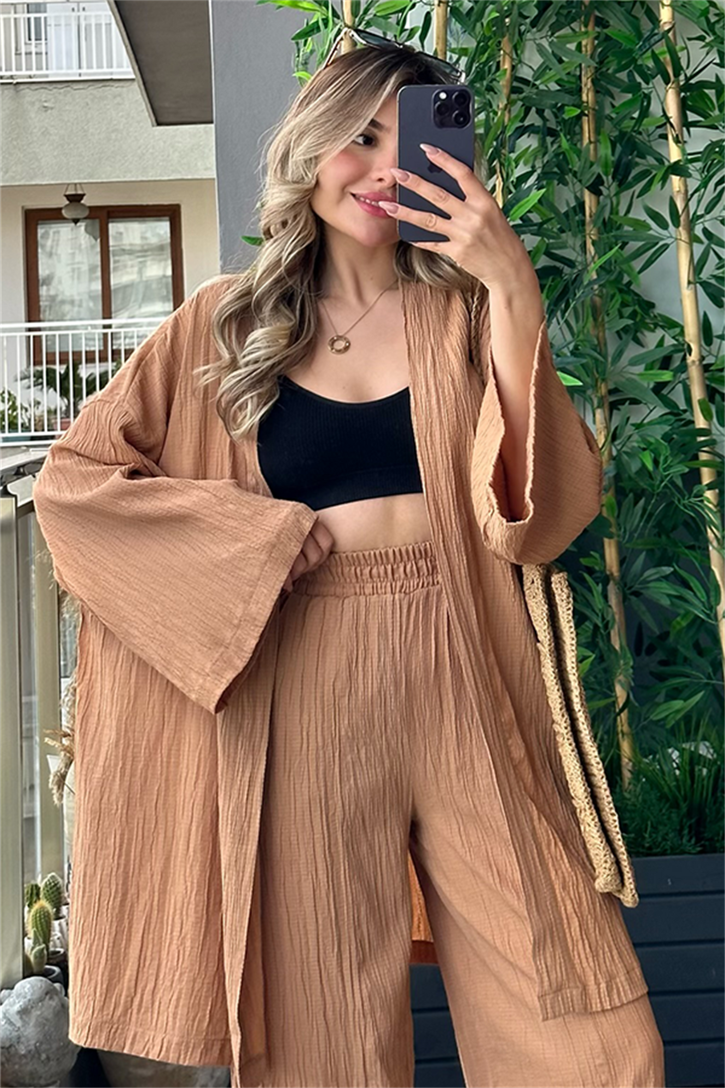 Havana kimonolu bohem takım - Karamel