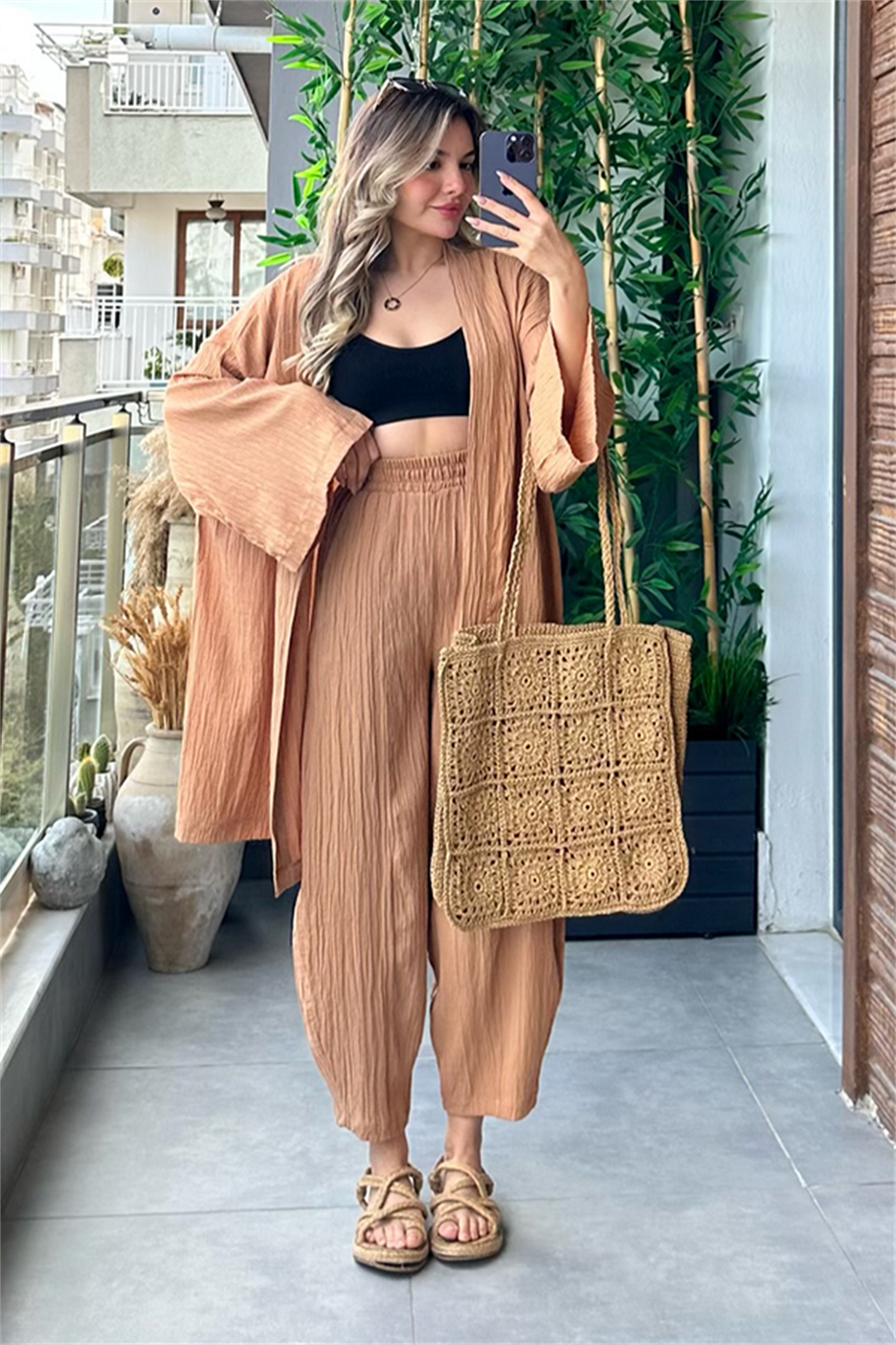 Havana kimonolu bohem takım - Karamel