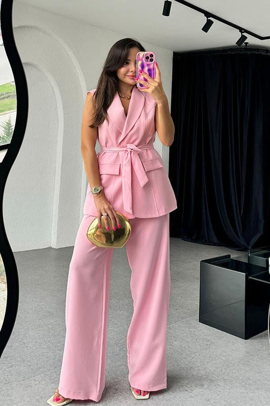 Milla Premium Kuşaklı Yelek Takım-Pembe