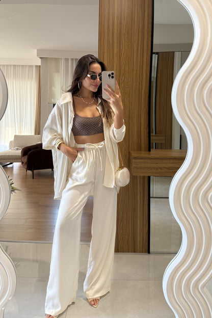 Pury Ekru Saten Dokulu Takım